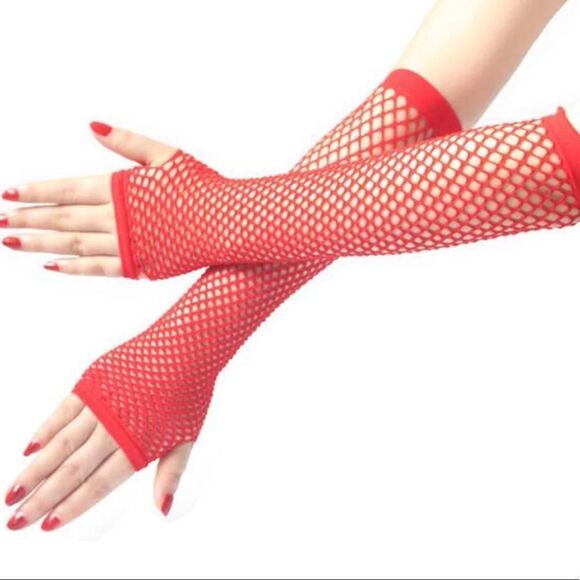 Long Fingerless Fishnet Gloves RED - Picture 1 of 3